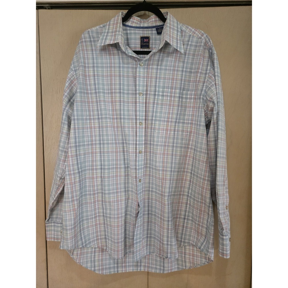 Harris London Mens XL Plaid Button Front Shirt Blue Pink Cotton Long Sleeve